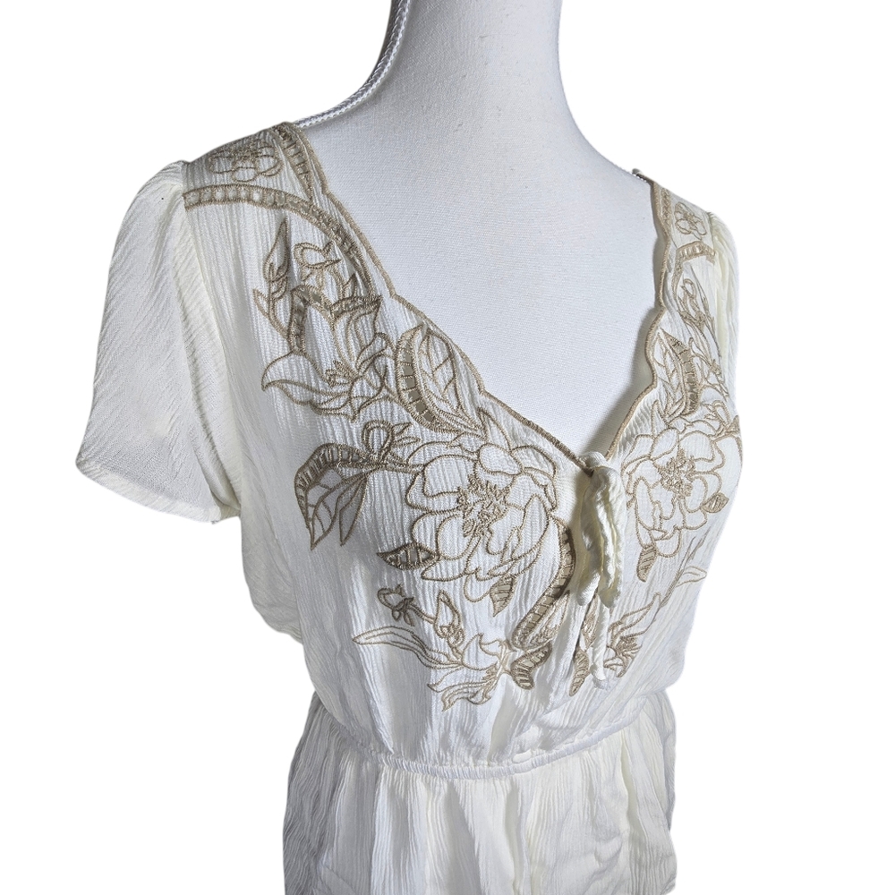 Embroidered Flutter Sleeve Peplum Peasant Boho Floral Ivory Top Size Medium